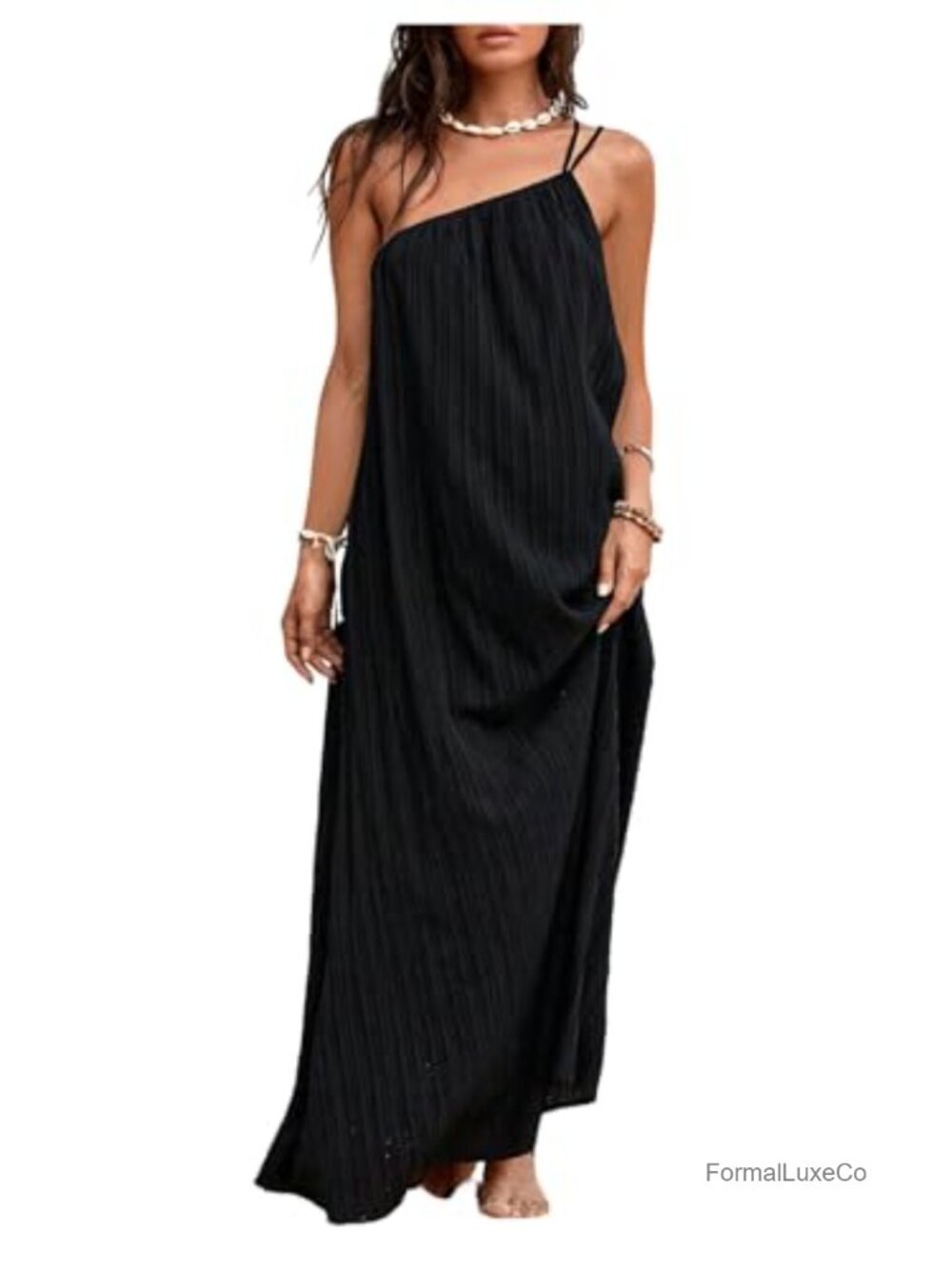 Women's One Shoulder Sleeveless Textured Maxi Dress Asymmetrical Flowy Beach
